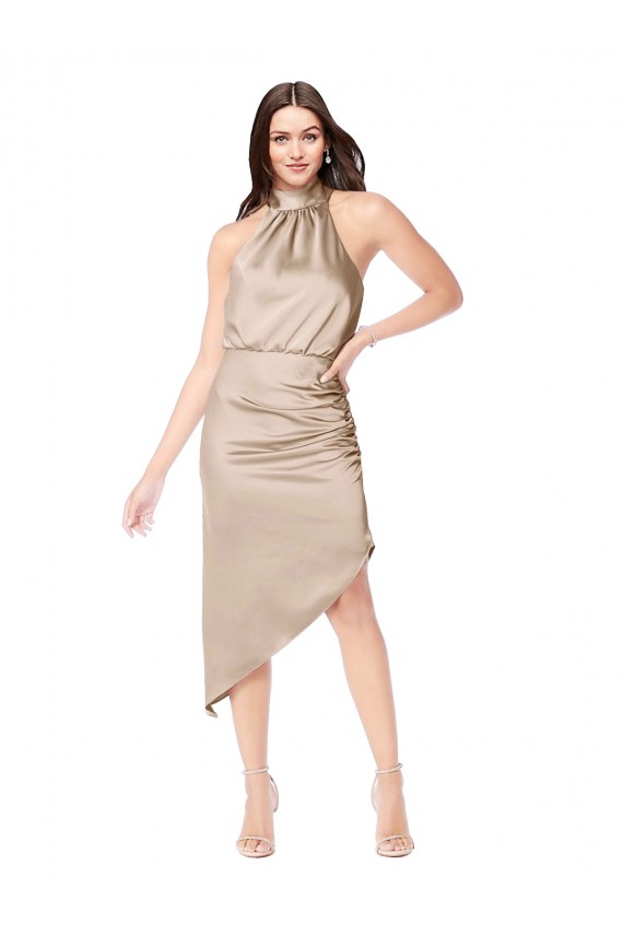 Champagne Rose Trapèze Licou midi Satiné Soyeux Courte Asymétrique Robes demoiselle d'honneur / Robes de bal / Robes de cocktail à Vendre