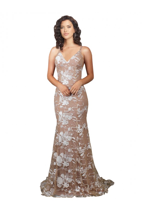 Champagne Sirène Col V Balayage train Dentelle Robes de mariée à Vendre