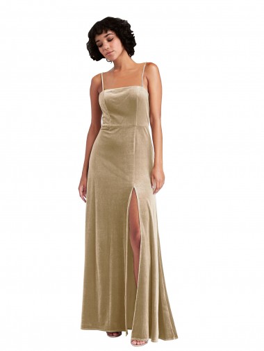 Champagne Trapèze Col Carré Velours Stretch Longue Formelles Robes demoiselle d'honneur / Robes de soirée / Robes de bal à Vendre