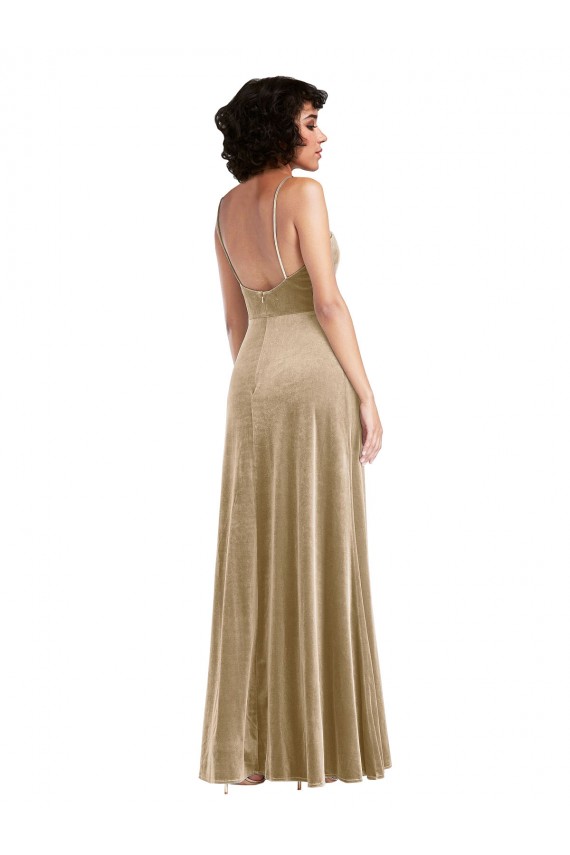 Champagne Trapèze Col Carré Velours Stretch Longue Formelles Robes demoiselle d'honneur / Robes de soirée / Robes de bal à Vendre