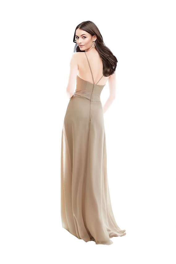 Champagne Trapèze Col Haut Mousseline Longue Robes demoiselle d'honneur à Vendre
