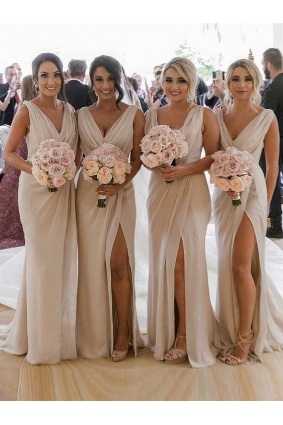 Champagne Trapèze Col V Mousseline Longue Robes demoiselle d'honneur à Vendre