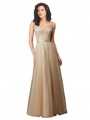 Champagne Trapèze Col V Tulle Dentelle Longue Robes demoiselle d'honneur à Vendre