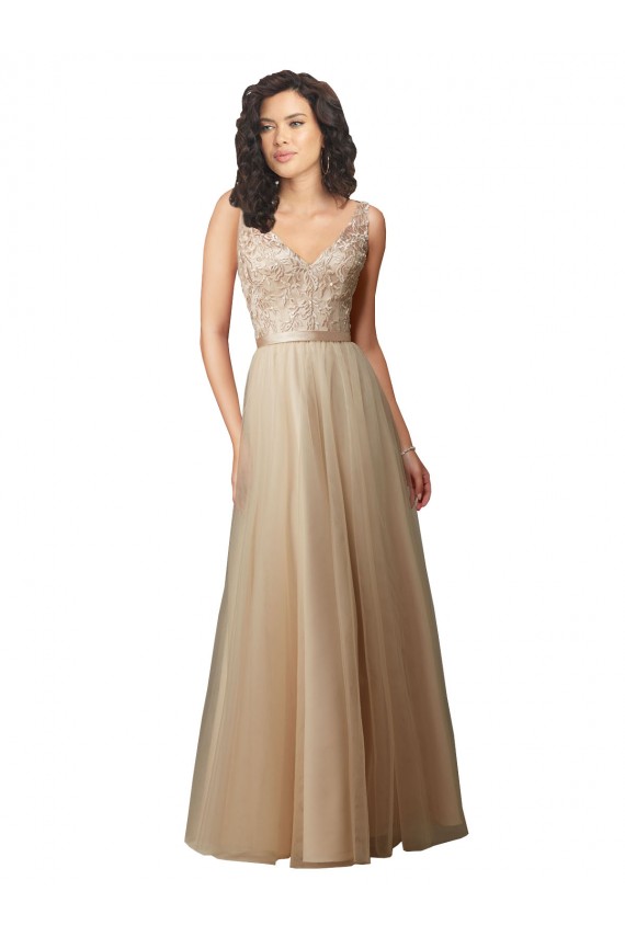 Champagne Trapèze Col V Tulle Dentelle Longue Robes demoiselle d'honneur à Vendre