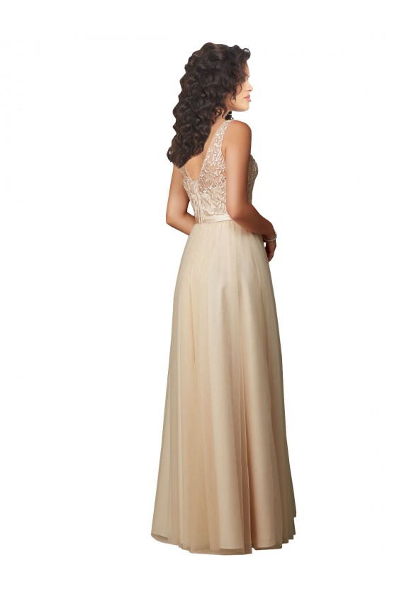 Champagne Trapèze Col V Tulle Dentelle Longue Robes demoiselle d'honneur à Vendre