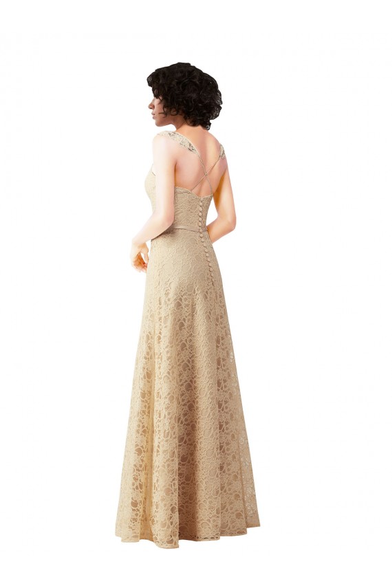 Champagne Trapèze Dentelle Longue Robes demoiselle d'honneur à Vendre