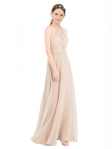 Champagne Trapèze Licou Col Haut Mousseline Dentelle Longue Robes demoiselle d'honneur / Robes de bal à Vendre