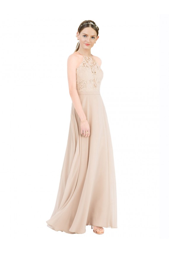 Champagne Trapèze Licou Col Haut Mousseline Dentelle Longue Robes demoiselle d'honneur / Robes de bal à Vendre