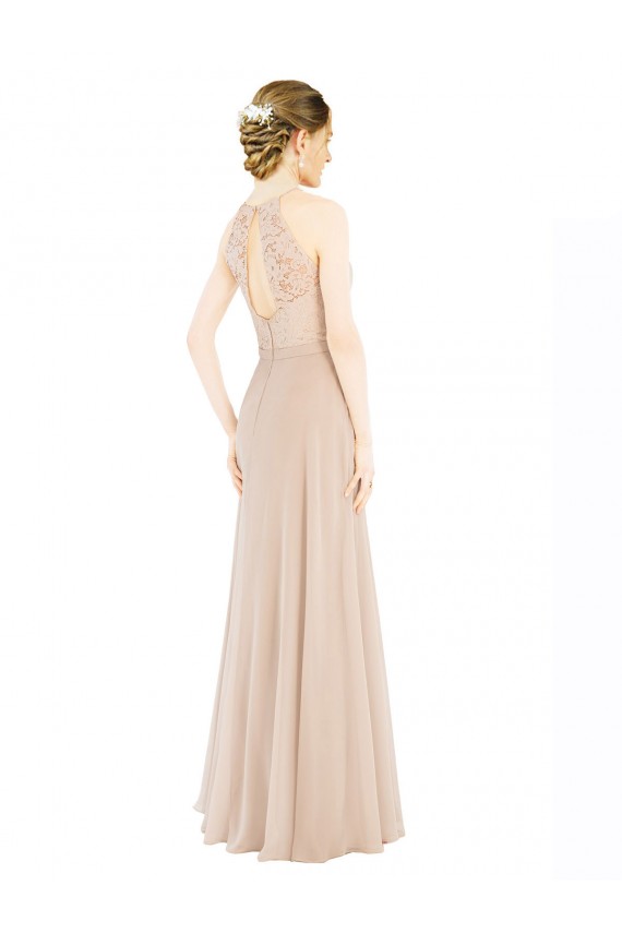 Champagne Trapèze Licou Col Haut Mousseline Dentelle Longue Robes demoiselle d'honneur / Robes de bal à Vendre