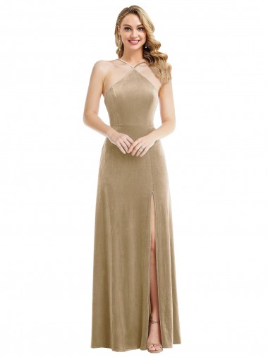 Champagne Trapèze Licou Col Haut Velours Stretch Longue Robes demoiselle d'honneur / Robes de bal à Vendre