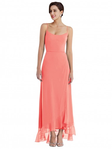 Corail Trapèze Bretelles spaghetti Scoop Mousseline Longue Asymétrique Robes demoiselle d'honneur à Vendre