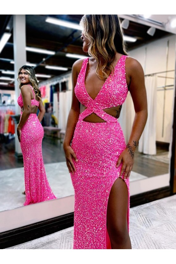 Couleur affichée Fourreau Col V Balayage train Paillettes Velours Longue Robes de bal à Vendre