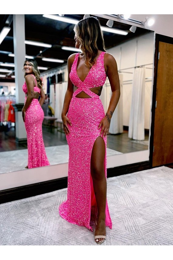Couleur affichée Fourreau Col V Balayage train Paillettes Velours Longue Robes de bal à Vendre