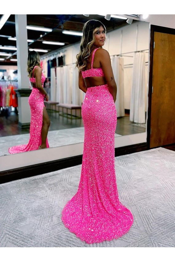 Couleur affichée Fourreau Col V Balayage train Paillettes Velours Longue Robes de bal à Vendre