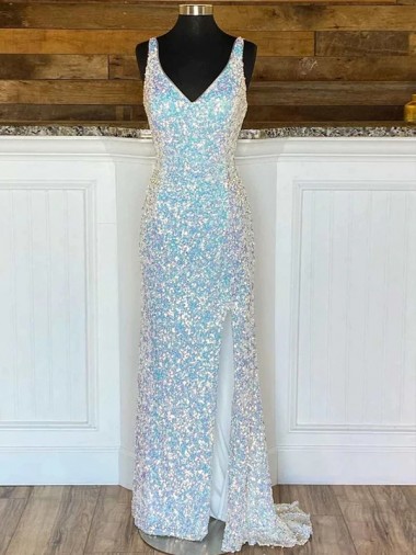 Fourreau Col V Balayage train Paillettes Velours Longue Robes de bal à Vendre