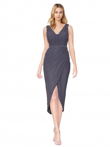 Gris ardoise Sirène Col V Mousseline Courte Asymétrique Robes demoiselle d'honneur / Robes de soirée / Robes de bal à Vendre