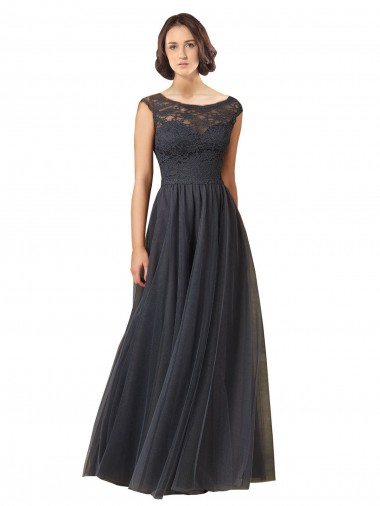 Gris ardoise Trapèze Bateau Tulle Dentelle Longue Robes demoiselle d'honneur à Vendre