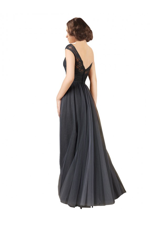 Gris ardoise Trapèze Bateau Tulle Dentelle Longue Robes demoiselle d'honneur à Vendre