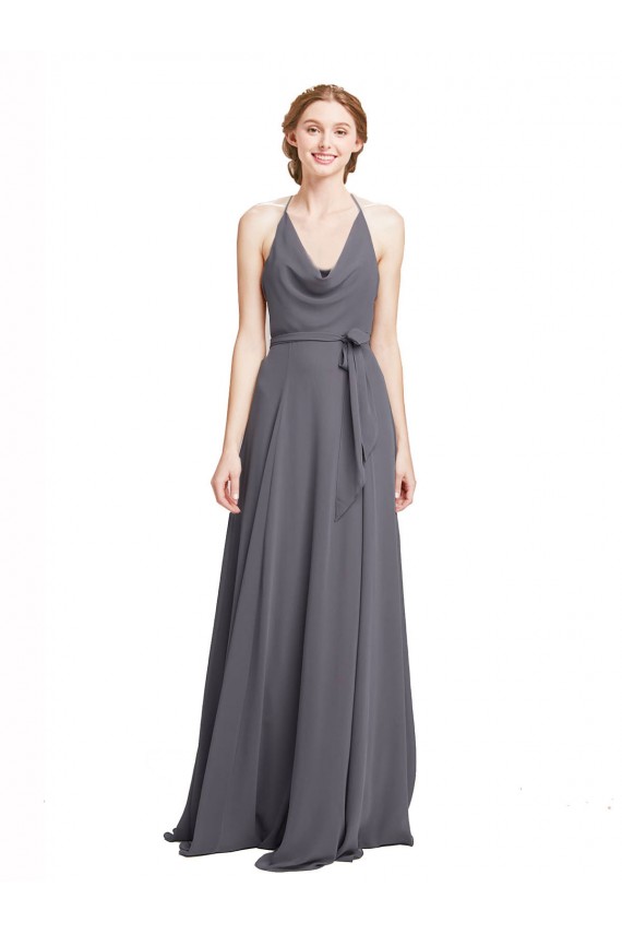 Gris ardoise Trapèze Bretelles spaghetti Mousseline Longue Robes demoiselle d'honneur à Vendre