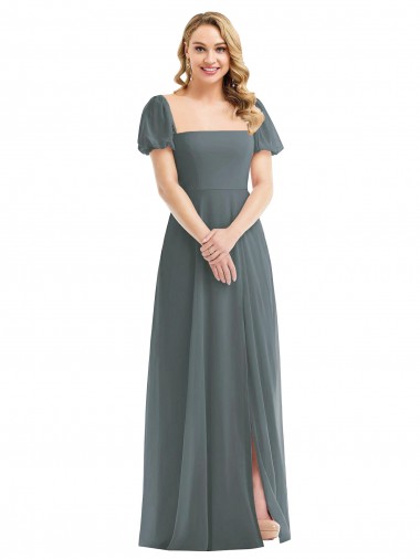 Gris ardoise Trapèze Col Carré Mousseline Longue Robes demoiselle d'honneur à Vendre
