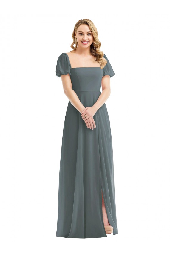 Gris ardoise Trapèze Col Carré Mousseline Longue Robes demoiselle d'honneur à Vendre