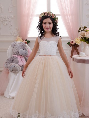 Ivoire & Champagne Princesse Tulle Dentelle Longue Robes de demoiselle d'honneur - fillette à Vendre