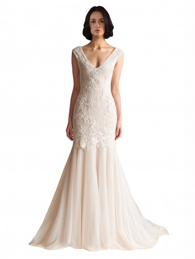 Ivoire & Champagne Sirène Col V Balayage train Tulle Robes de mariée à Vendre