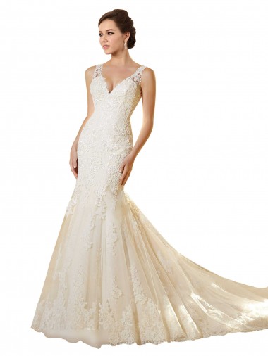 Ivoire & Champagne Sirène Col V Tulle Dentelle Robes de mariée à Vendre