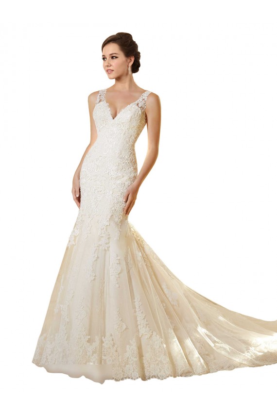 Ivoire & Champagne Sirène Col V Tulle Dentelle Robes de mariée à Vendre