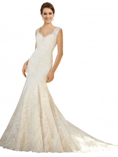 Ivoire & Champagne Sirène Col V Tulle Dentelle Robes de mariée à Vendre
