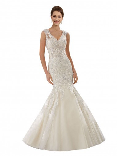 Ivoire & Champagne Sirène Col V Tulle Dentelle Robes de mariée à Vendre