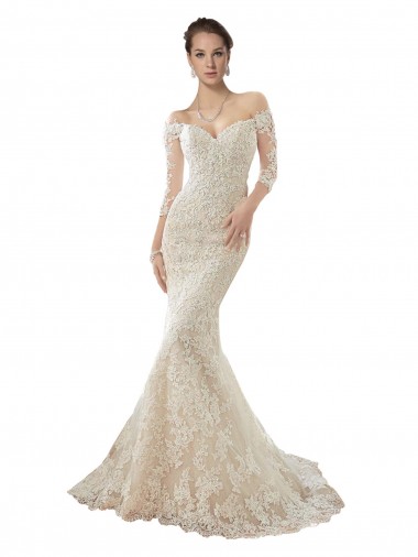Ivoire & Champagne Sirène Épaule Dénudée Tulle Dentelle Robes de mariée à Vendre