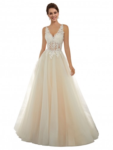 Ivoire & Champagne Trapèze Col V Tulle Dentelle Classique Robes de mariée à Vendre