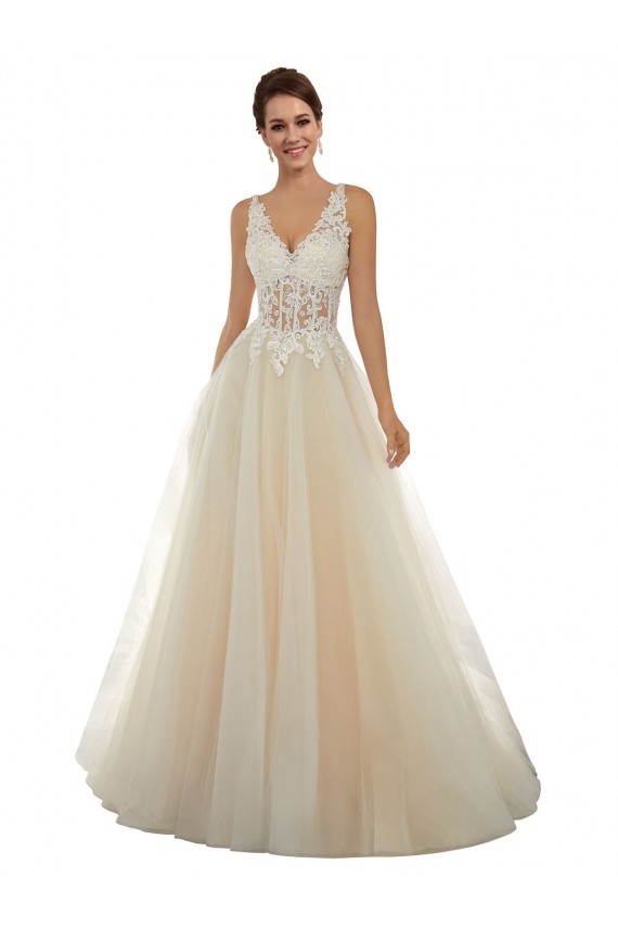 Ivoire & Champagne Trapèze Col V Tulle Dentelle Classique Robes de mariée à Vendre