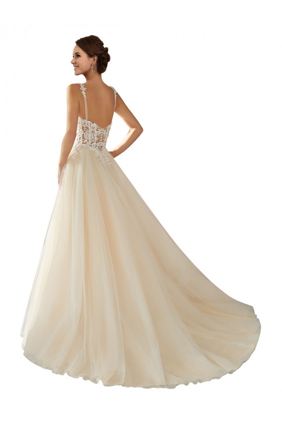 Ivoire & Champagne Trapèze Col V Tulle Dentelle Classique Robes de mariée à Vendre