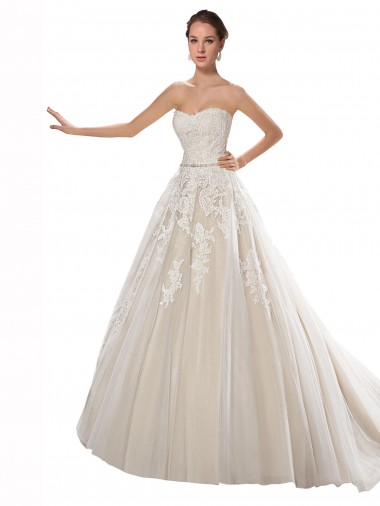 Ivoire & Champagne Trapèze Sans bretelle Tulle Dentelle Robes de mariée à Vendre