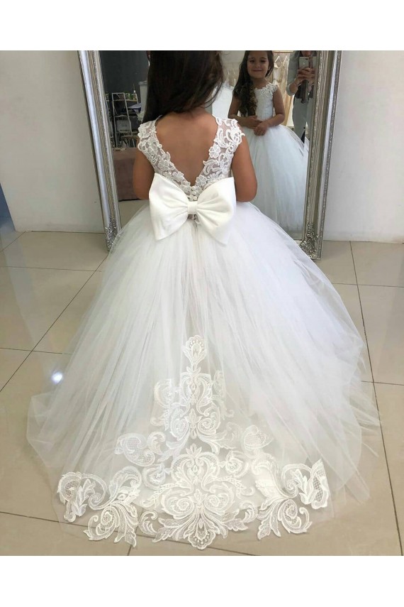Ivoire Princesse Bateau Tulle Dentelle Longue Robes de demoiselle d'honneur - fillette à Vendre