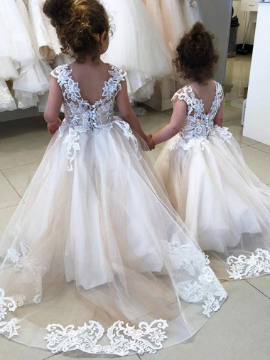 Ivoire Princesse Bateau Tulle Dentelle Longue Robes de demoiselle d'honneur - fillette à Vendre