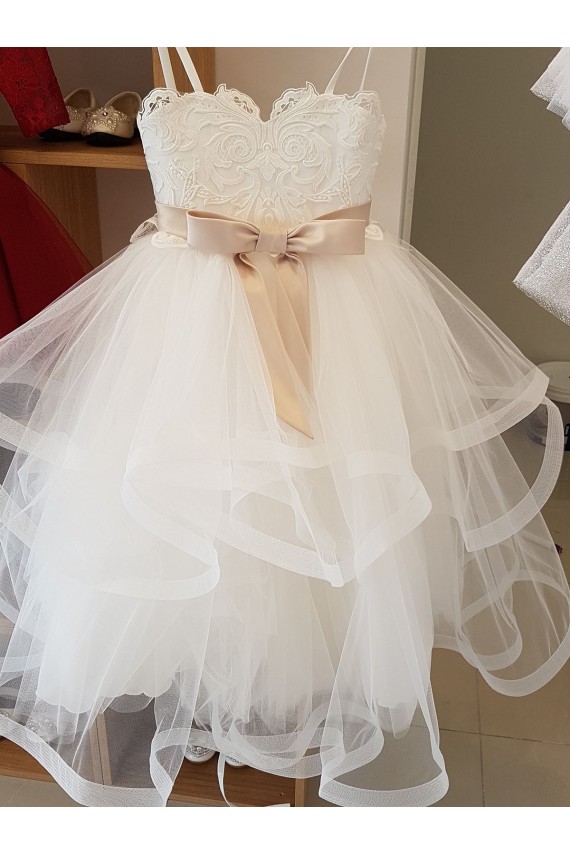 Ivoire Princesse Col Haut Tulle Dentelle Longue Robes de demoiselle d'honneur - fillette à Vendre