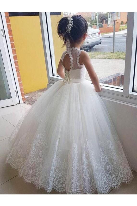 Ivoire Princesse Col Haut Tulle Dentelle Longue Robes de demoiselle d'honneur - fillette à Vendre