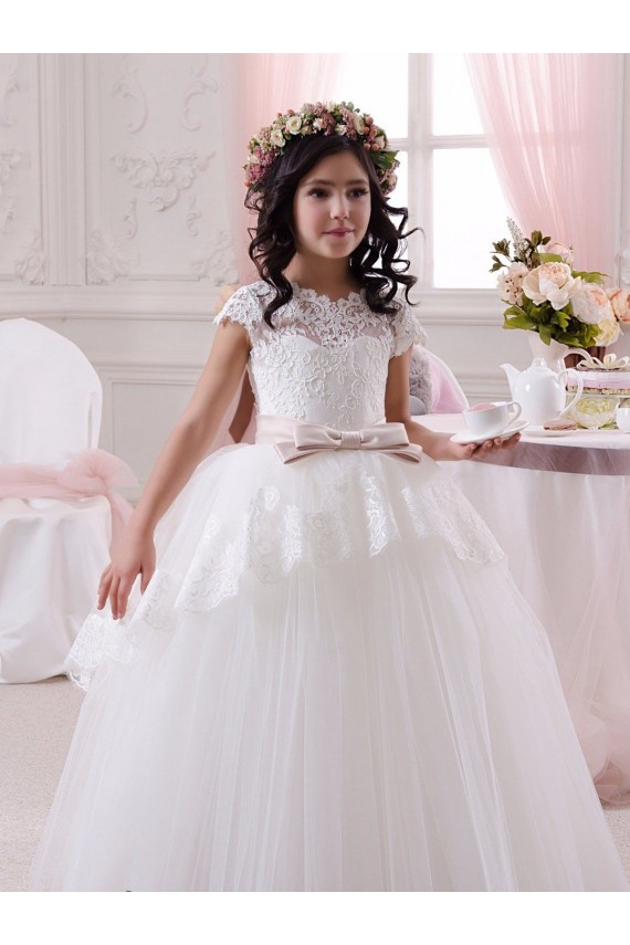 Ivoire Princesse Tulle Dentelle Longue Robes de demoiselle d'honneur - fillette à Vendre