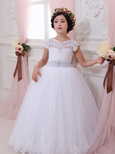 Ivoire Princesse Tulle Dentelle Longue Robes de demoiselle d'honneur - fillette à Vendre