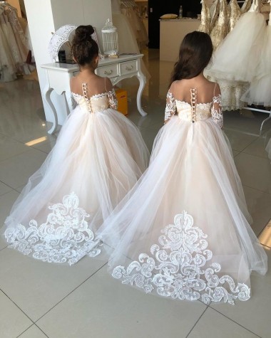 Ivoire Princesse Tulle Dentelle Longue Robes de demoiselle d'honneur - fillette à Vendre