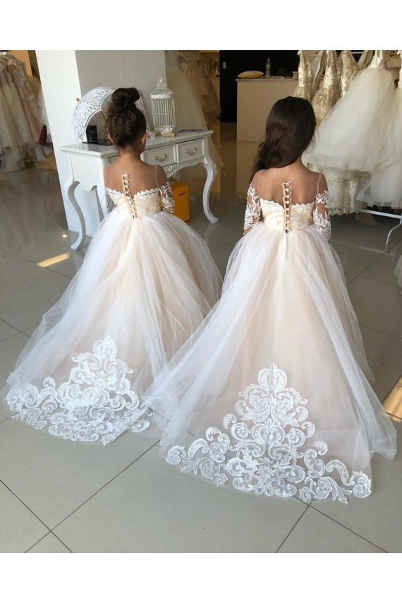 Ivoire Princesse Tulle Dentelle Longue Robes de demoiselle d'honneur - fillette à Vendre