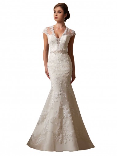 Ivoire Sirène Illusion Col V Tulle Dentelle Robes de mariée à Vendre