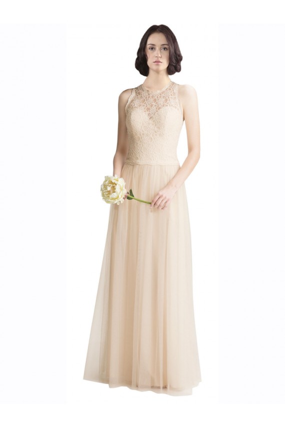 Ivoire Trapèze Bateau Illusion Tulle Dentelle Longue Robes demoiselle d'honneur à Vendre