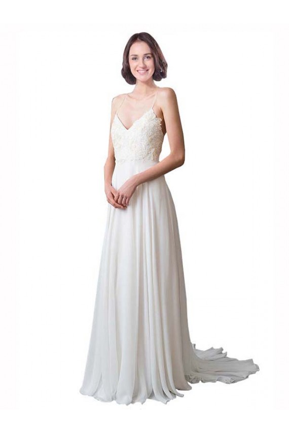 Ivoire Trapèze Bretelles spaghetti Col V Mousseline Dentelle Plage Robes de mariée à Vendre