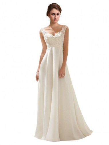 Ivoire Trapèze Col V Balayage train Mousseline Dentelle Robes de mariée à Vendre