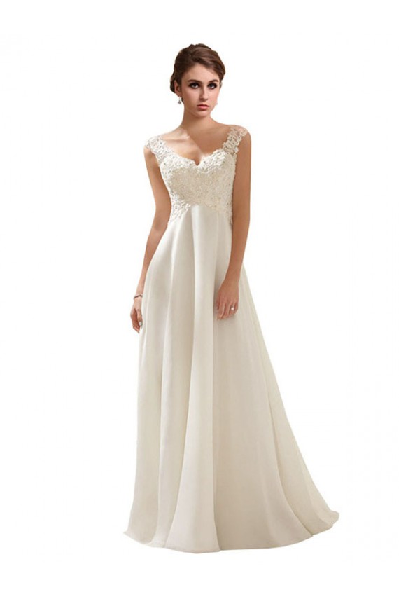 Ivoire Trapèze Col V Balayage train Mousseline Dentelle Robes de mariée à Vendre