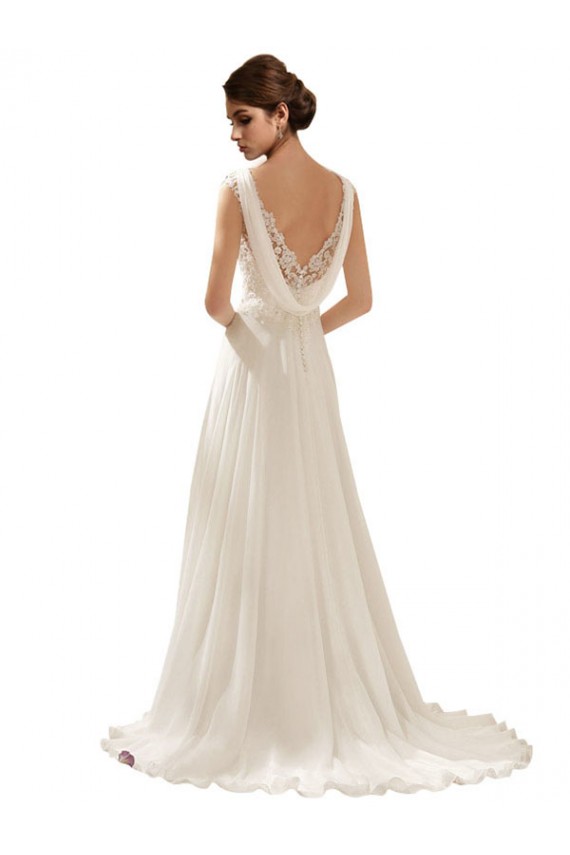 Ivoire Trapèze Col V Balayage train Mousseline Dentelle Robes de mariée à Vendre